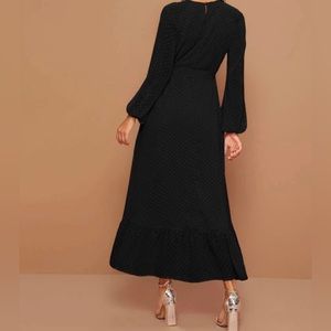 Modely Raglan Lantern Sleeve Flounce Hem Swiss Dot Dress